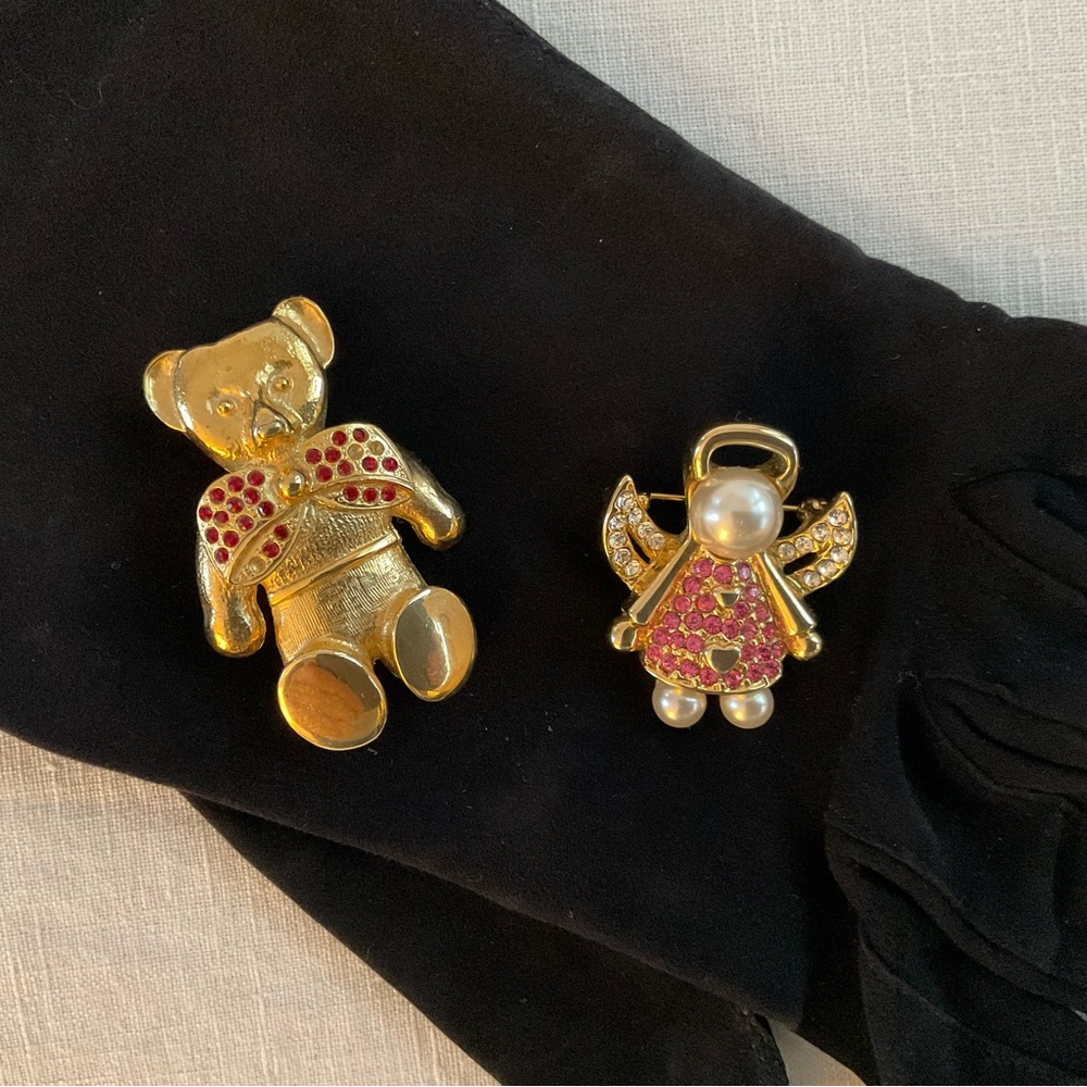 2 Vintage Brooches - Teddy Bear & Angel w/ Rhinestones, Faux Pearls, + Gold Tone